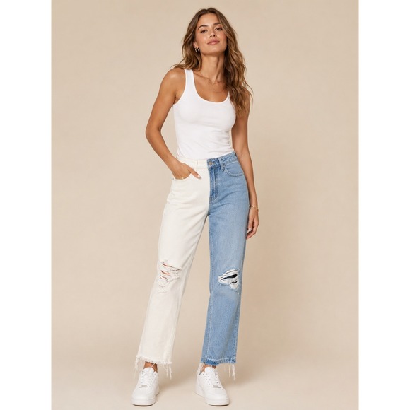 Vervet Denim - Vervet Norah Two Tone High Rise Straight Jeans White Blue Distressed 26 NEW